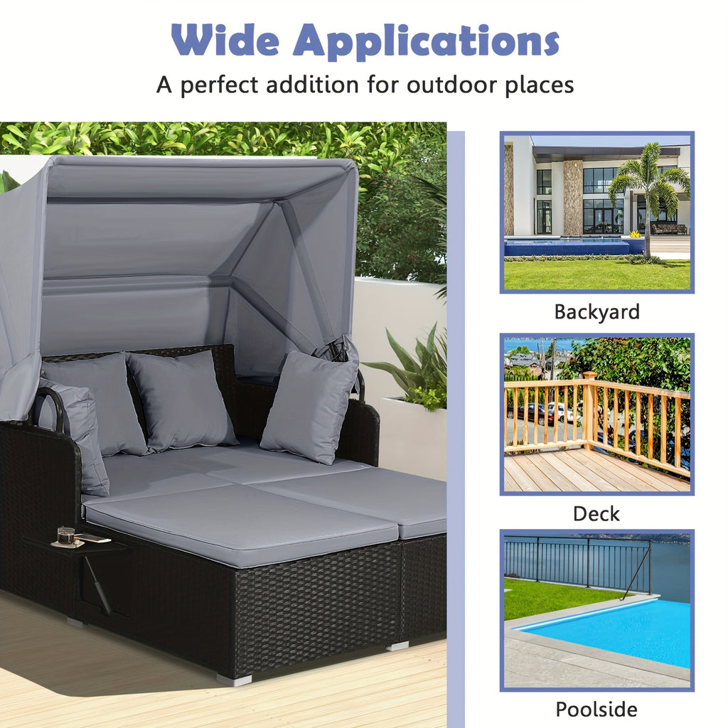 COSTWAY Patio Rattan Daybed Lounge Retractable Top Canopy Side Tables Cushions Gray.