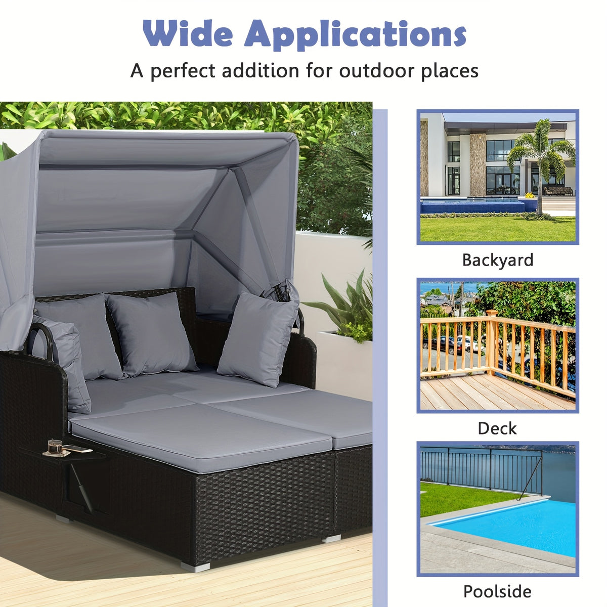 COSTWAY Patio Rattan Daybed Lounge Retractable Top Canopy Side Tables Cushions Gray.