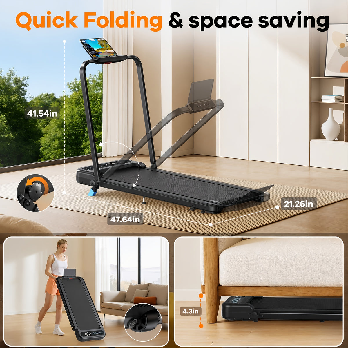 Foldable Treadmill with Incline, 2-In-1 Portable Treadmills for Home Small Spaces, 350 Lbs Capacity Compact Under Desk Treadmill, LED Display & KINOMAP App, No Assembly Required, Space-Saving Design, Without Battery