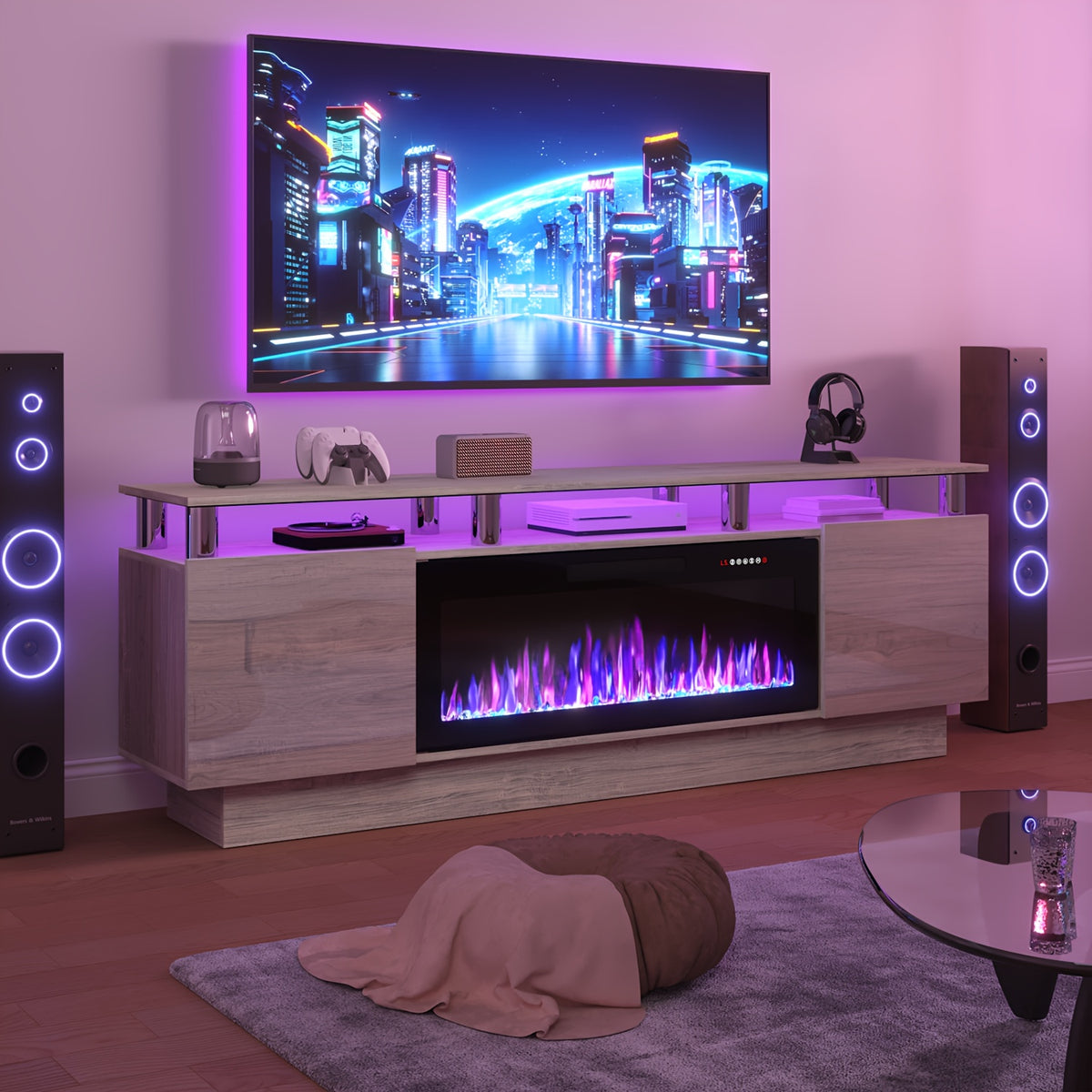 Fireplace TV Stand with 36-Inch Electric Fireplace, 70-Inch LED Light Entertainment Center with High Gloss Cabinet, 2-Tier Modern Wood Media TV Console for Living Room