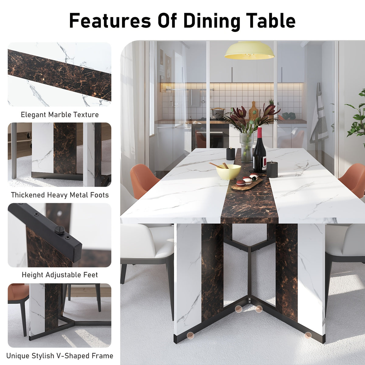 Luxurious 71-Inch Large Rectangular Dining Table with Marble-Color Wood Top, Adjustable V-Shaped Legs, Waterproof and Scratch-Proof for 4-7 People - Ideal for Family Dinners, Office, Kitchen, Living Room