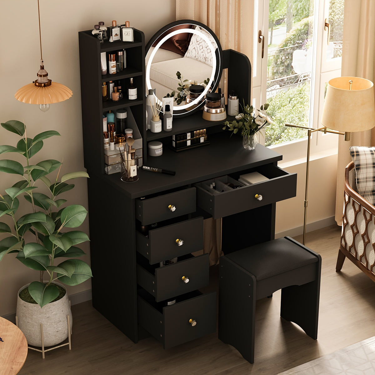 Unique Black Dressing Table Set, With LED Light Mirror, Open Storage Shelves And Stool, Modern Bedroom Dressing Table, Black
