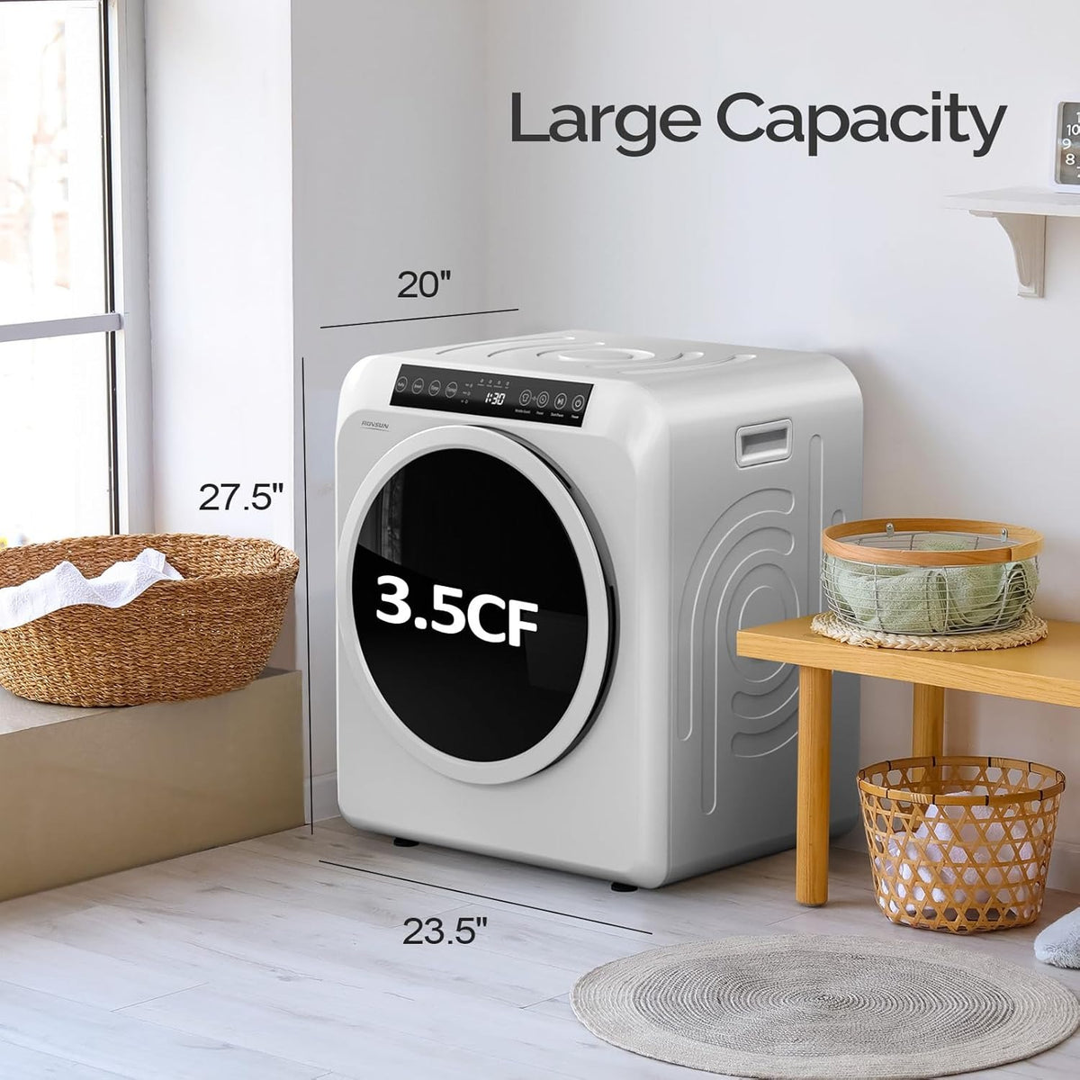 MEFEIR Compact Clothes Dryer - 3.5 Cu.Ft Portable Laundry w/ LCD Touch Controls, Stainless Steel Drum, 13.2Lb Capacity for Apartments & Dorms, 110V Classic White w/ Wheels