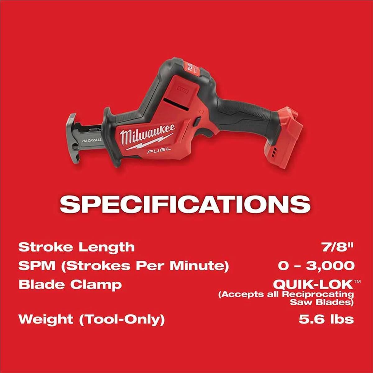 MILWAUKEE M18 FUEL CORDLESS HACKZALL RECIPROCATING SAW, BARE TOOL (2719-20)