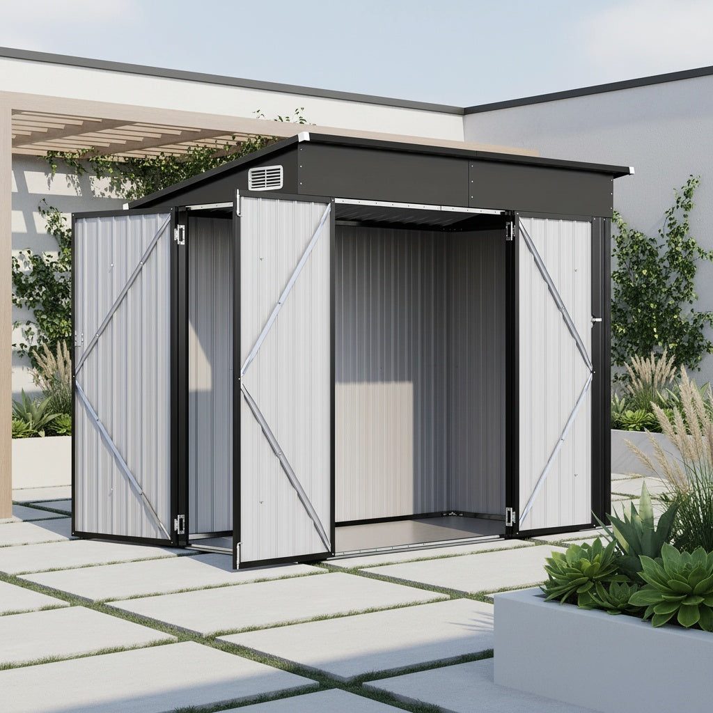 Outdoor Storage Shed, 4 x 8 Ft—Lockable Triple-Door Access and a Sloped Roof for Tools, Bikes and Patio Gear