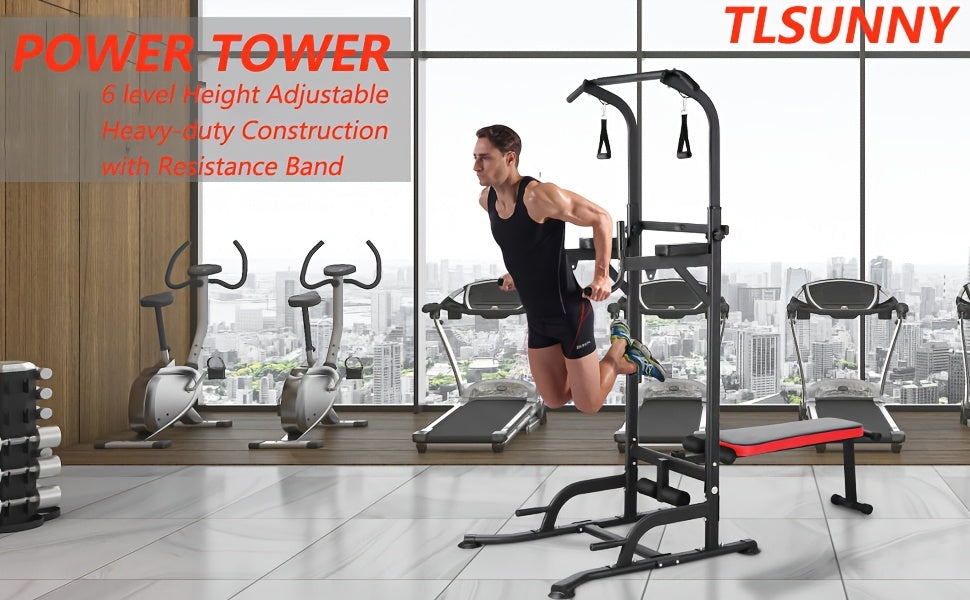 Power Tower With Bench Height Adjustable Pull Up Bar Stand Dip Station With Folding Weight Bench And 4 Ropes, 400lbs, For Home And Gym