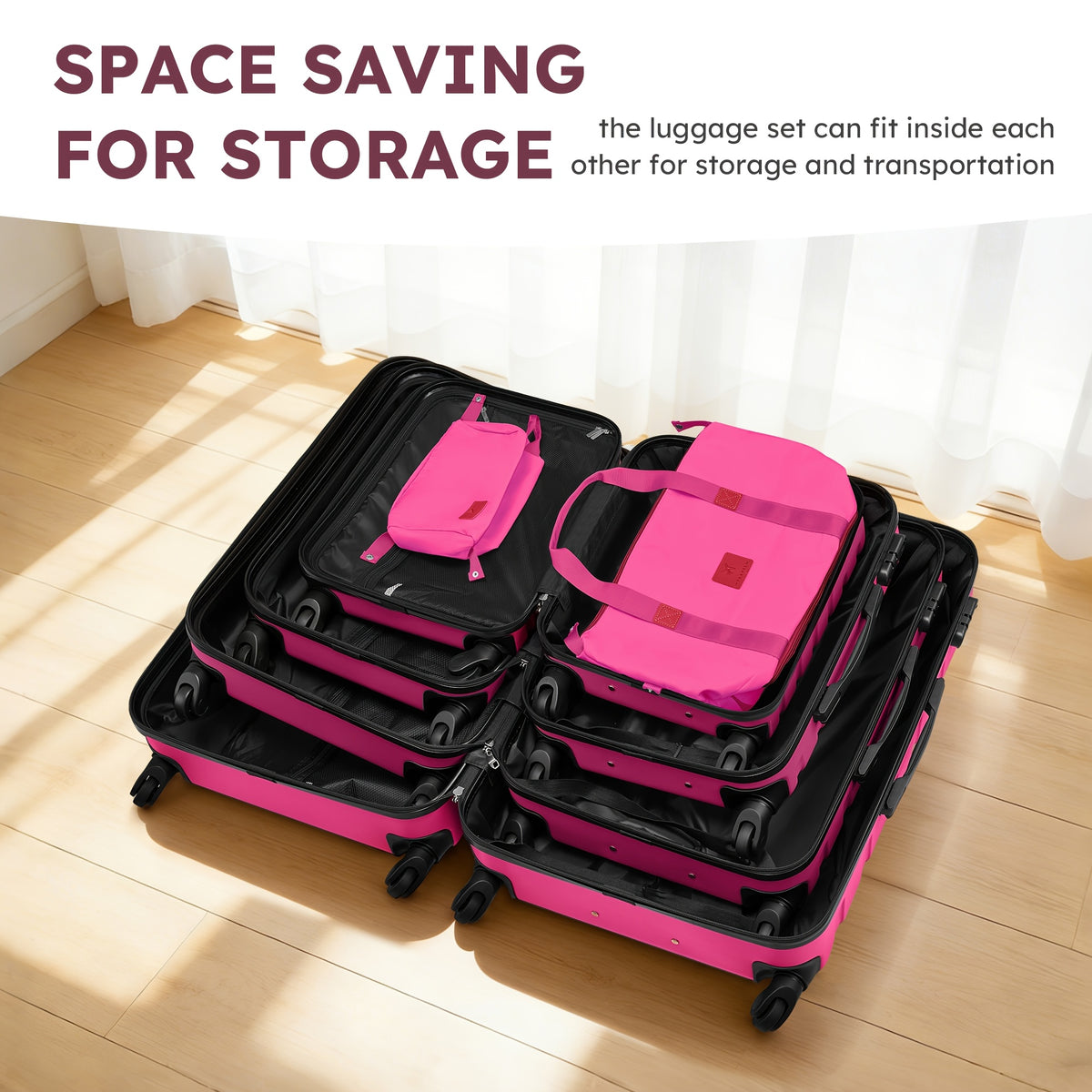 Travel Suitcase Set, Consisting Of 16+20+24+28 Inch Suitcases + Bag Set. Rose Red Suitcase Set. Made Of ABS Material. with Three-section Adjustable Handle And 360° Swivel Wheels
