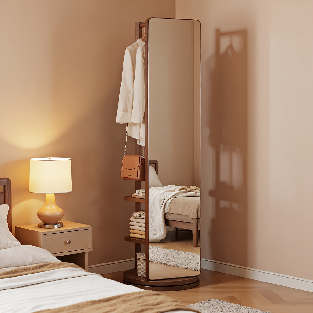 Full Length Mirror with Coat Rack & Storage, 360° Rotating Solid Wood Standing Floor Mirror with Shelves for Bedroom, Entryway, Dressing Room