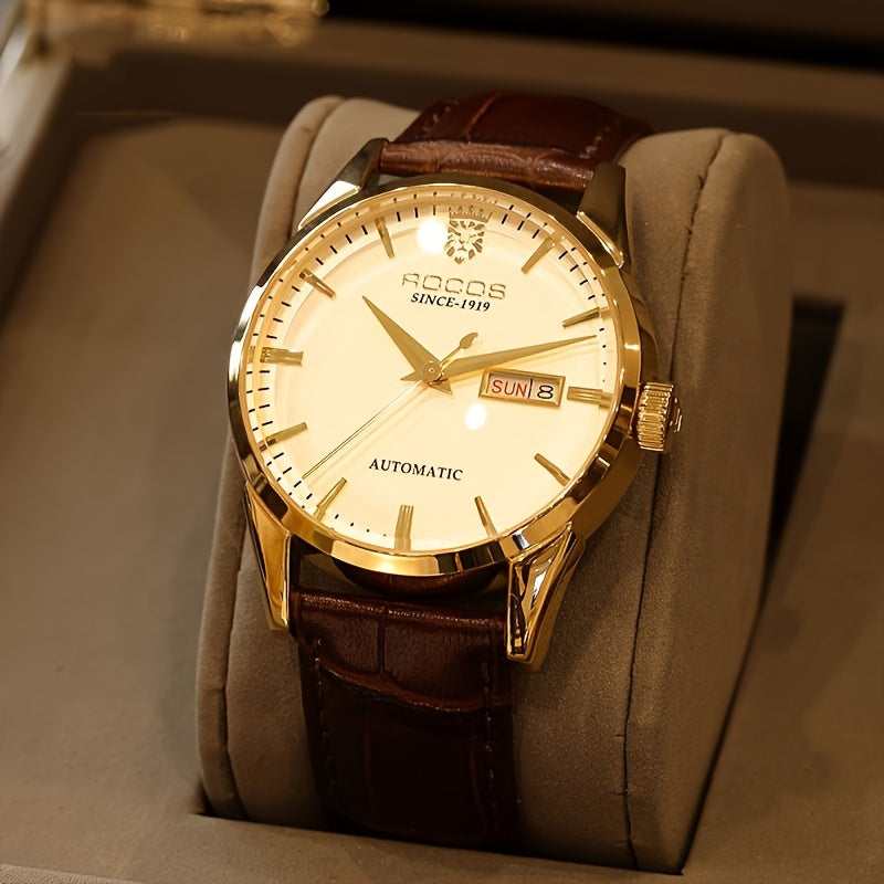 ROCOS Men's Watches High-end Business Watch for Men Automatic Mechanical Watch Classic Big Three Hands Golden Case Calfskin Strap Double Push Butterfly Buckle Calendar Day Of The Week Gift for Boyfriend