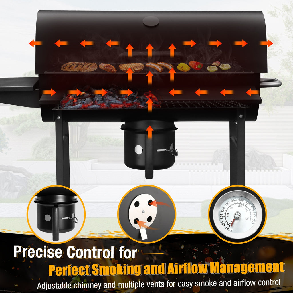 Charcoal BBQ Grills Outdoor - Barrel Charcoal Grill with Offset Smoker(Model: L)/ Outdoor BBQ Grill with Side Table(Model:M/XL-A/XL-C)for Backyard, Patio, Parties, Camping, Outdoor Cooking, Large Event Gathering, Black
