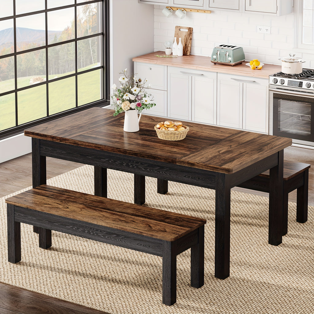 3pcs Dining Table Set with 2 Benches, 55-Inch Wood Kitchen Table Set for 4-6, Farmhouse Space-Saving Dinette for Kitchen, Dining Room