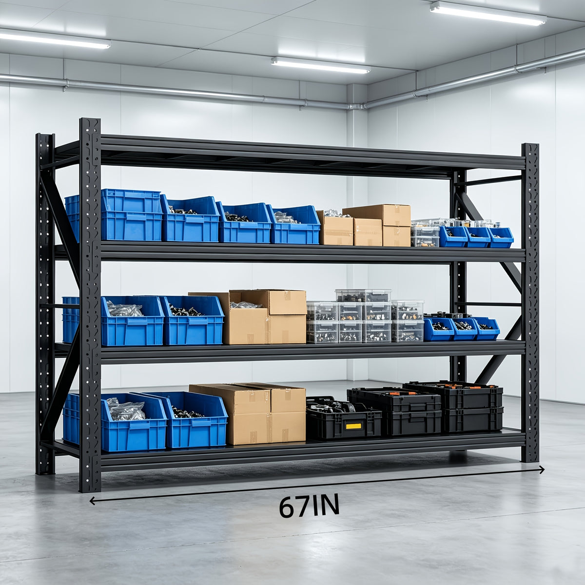 1pc 71"W Garage Shelving Units • 3000LBS Storage Shelves Heavy Duty • 24" Deep Metal Shelving Rack • 4 Tier Large Tall Industrial Shelving • Adjustable Standing Shelf for Warehouse/Shop • 71"W X 24"D X 70"H • Utility Shelves