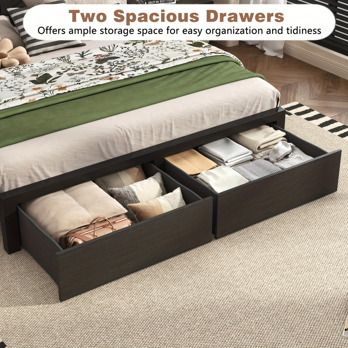 Farmhouse Bed Frame with Storage Headboard, LED Lights, Charging Station and 2 Drawers, Arrow Design, No Box Spring Needed, Rustic Brown