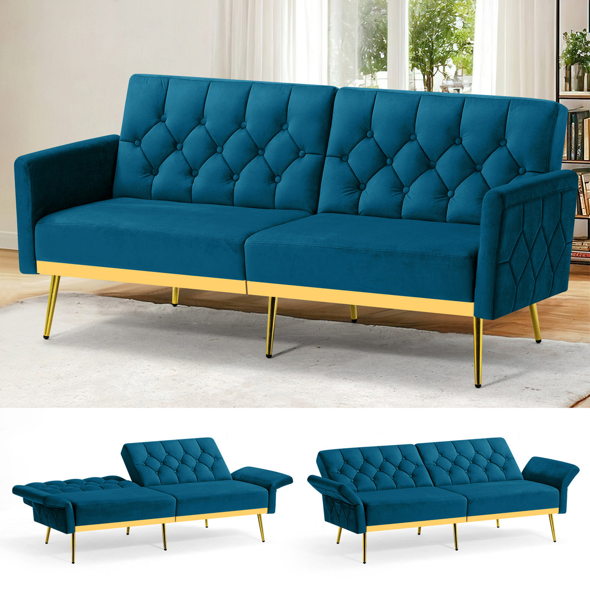 ACMEASE Velvet Sofa Bed Featuring Adjustable Armrests And Backrests, a Contemporary Recliner Sleeper Couch with a Tufted Design, a Convertible Loveseat Sofa with Golden Legs Suitable for The Living Room, Bedroom, Or Studio
