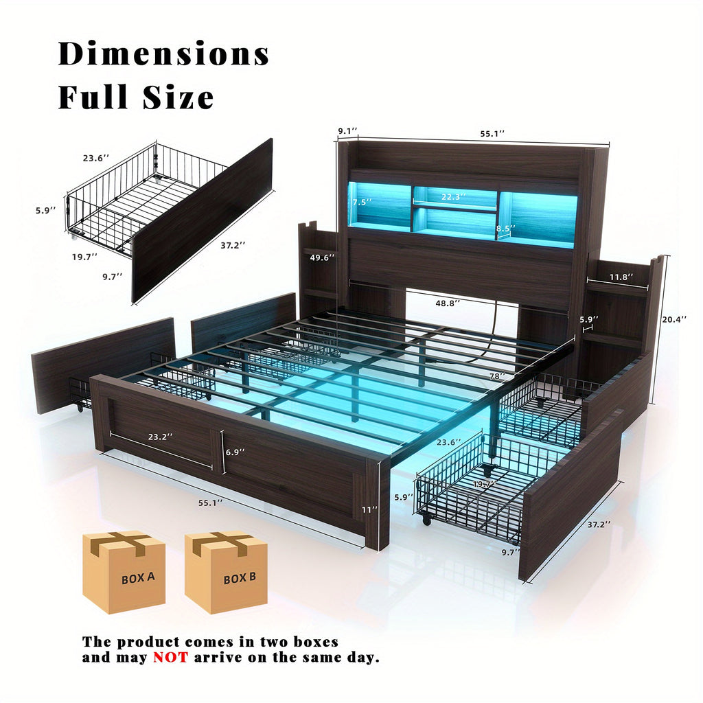 PAPABABE Bed Frame With 49.6 Inch Bookcase Headboard, 4 Drawers And 2 Detachable Storage Racks - Farmhouse Wood Bed Frame With RGB LED Lights And Charging Station, No Box Spring Needed