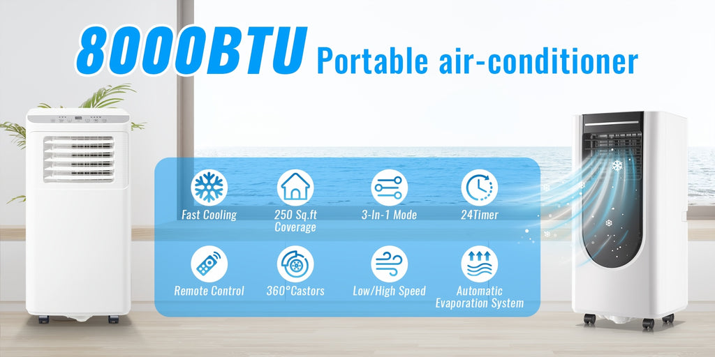 8000 BTU ASHRAE(4400 BTU SACC) Portable Air Conditioner With Remote Control, 3-in-1 Freestanding AC Unit, Cool Rooms Up To 250 Sq Ft