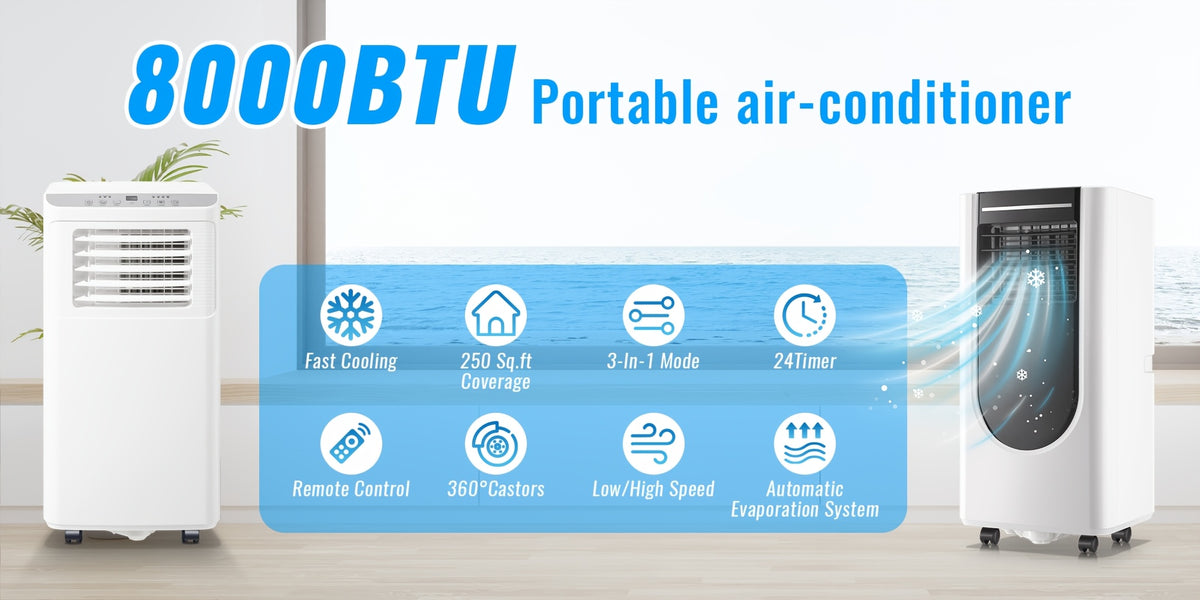 8000 BTU ASHRAE(4400 BTU SACC) Portable Air Conditioner With Remote Control, 3-in-1 Freestanding AC Unit, Cool Rooms Up To 250 Sq Ft