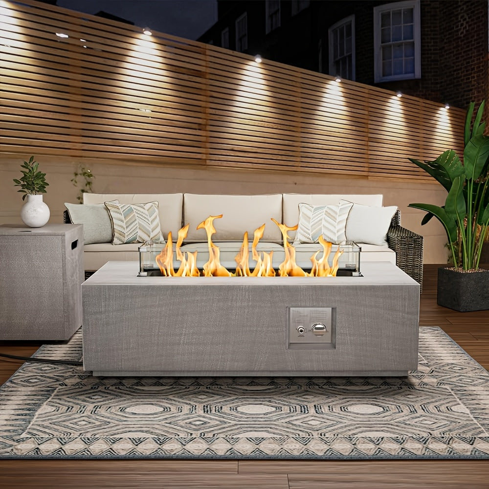 1pc 42 Inch Rectangular Propane Fire Pit Table 50, 000 BTU, Outdoor Gas Firepit With Lid, Blue Fire Glass & Glass Wind Guard, RGB/Warming Light, Includes Rain Cover For Patio, Backyard Deck (Black/Grey/Light Grey)
