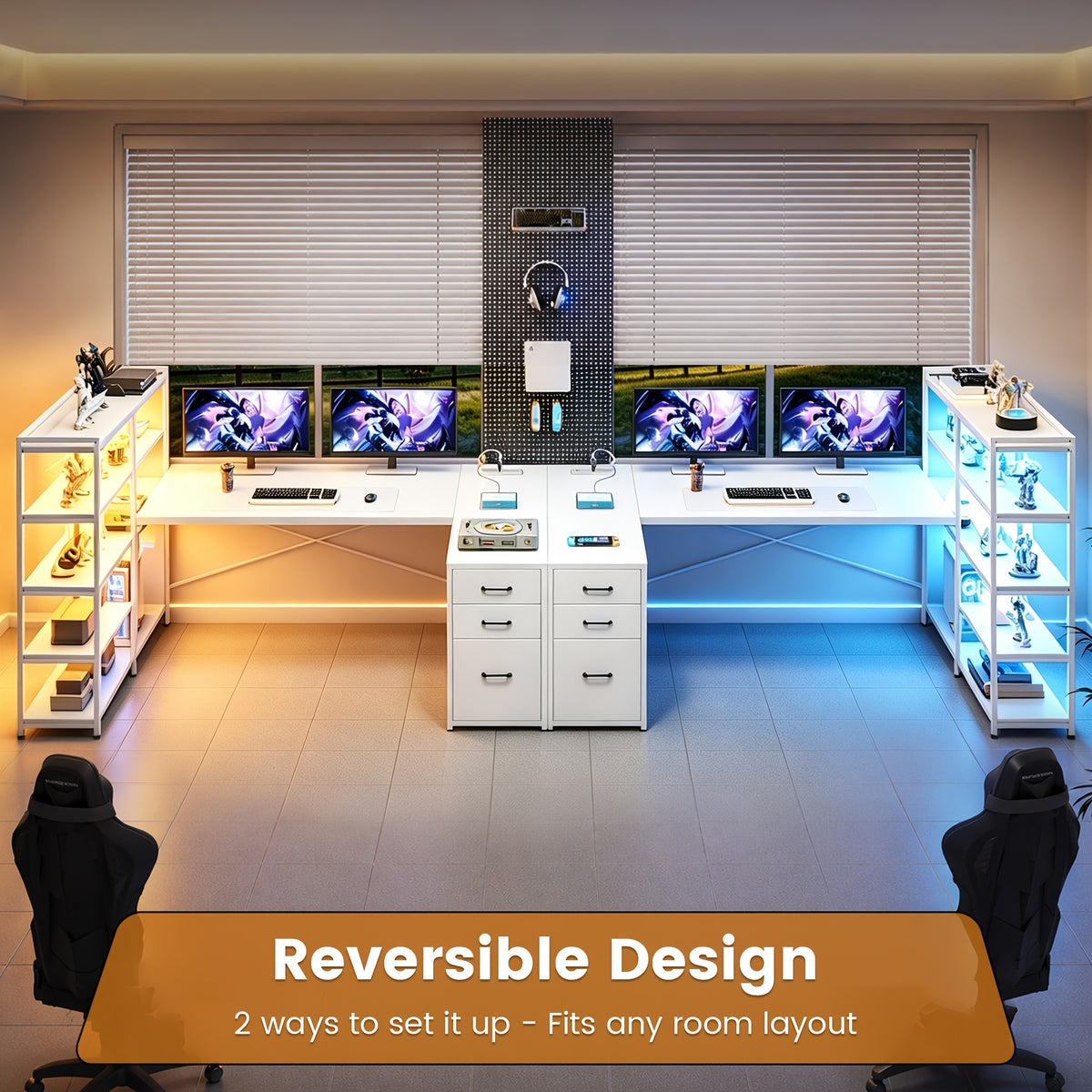 L-Shaped Desk with Storage Shelves, 64.5" Reversible U-Shaped Office Desk with 3 Fabric Drawers, Gaming Desk with Power Outlet & LED Strip, Large PC Workstation for Home Office, Brown/Black/White/Gray