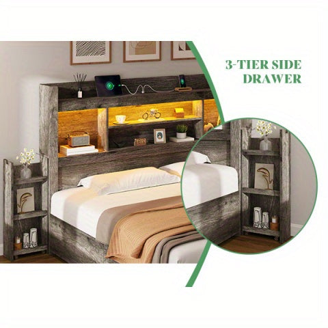 PAPABABE Bed Frame With 49.6 Inch Bookcase Headboard, 4 Drawers And 2 Detachable Storage Racks - Farmhouse Wood Bed Frame With RGB LED Lights And Charging Station, No Box Spring Needed