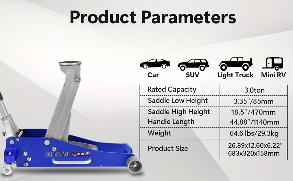 Hydraulic Low-Profile Racing Floor Jack Made of Aluminum And Steel, Featuring a Dual Piston Quick Lift Pump, Available in 1.5 Ton, 2.5 Ton, And 3 Ton Capacities