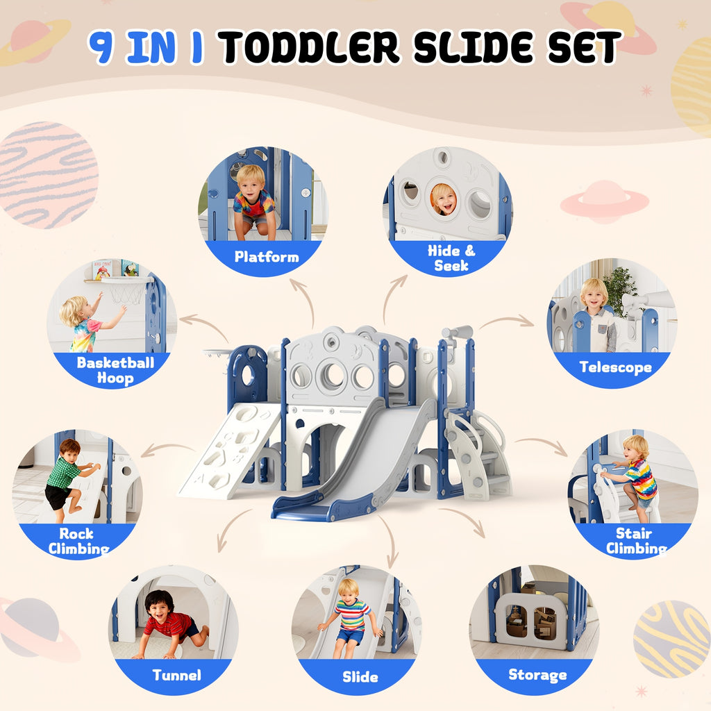 9in 1 Toddler Slide Set Playground Indoor & Outdoor Fun for Kids & Babies, Featuring Climbing Board, Basketball Hoop, Telescope, Storage Space And Non-Slip Steps