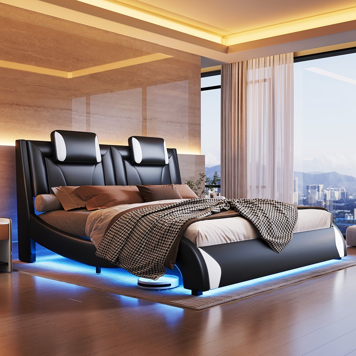 Modern Elegance Meets Functionality: Papajet Full Floating Bed Frame with Built-In LED Lights, Faux Leather Upholstery, And Wave-Shaped Curves, No Box Spring Required
