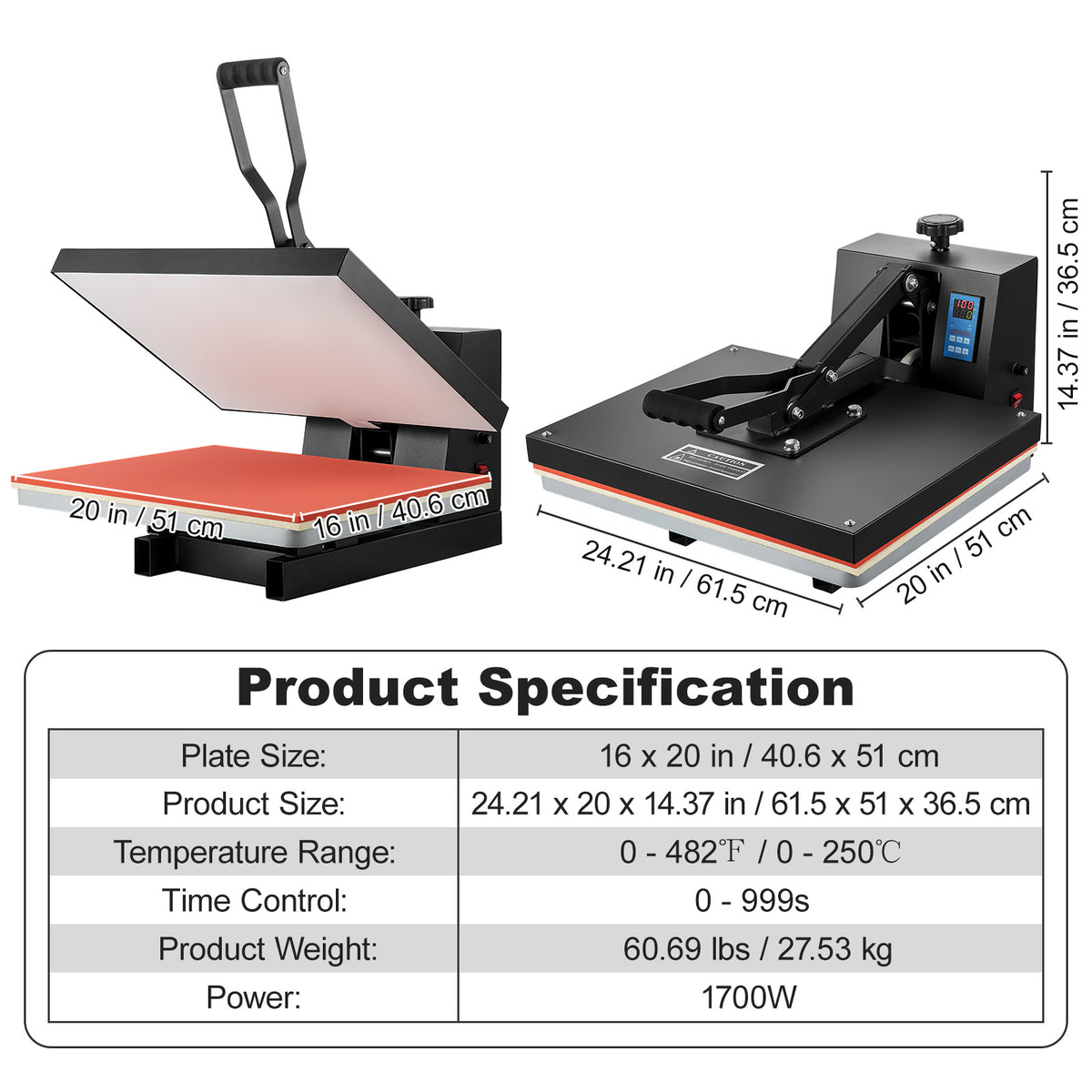 VEVOR Heat Press 16x20, 1700W Power Heat Press Machine, Fast Heating, High Pressure Heat Press Machine for T-Shirt, Digital Industrial Sublimation Printer for Heat Transfer Vinyl, Easy to Use, Black