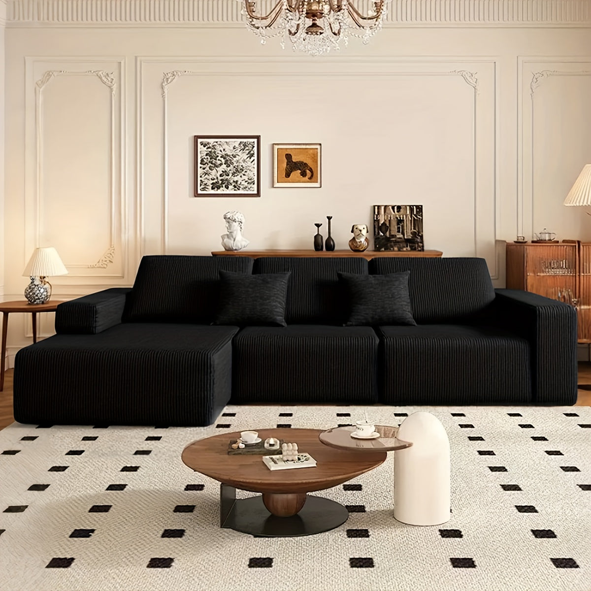 108-inch Modular Sectional Sofa, L-Shaped Cloud Couch with Chaise, Black Plush Fabric, Deep Seat Upholstered Couches for Living Room, Boneless Sofa