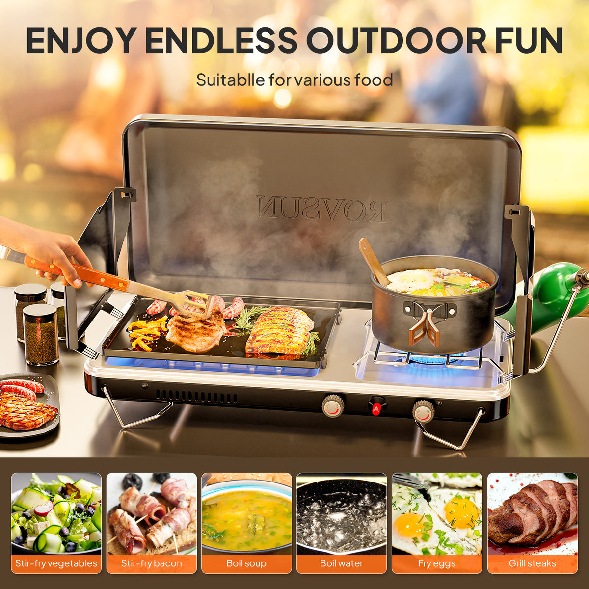 MEFEIR 2-in-1 Camping Stove with Propane Oven, Portable 2 Burner Stove & Outdoor Oven Combo with Auto-ignition & Thermometer for Camping Backyard Picnic