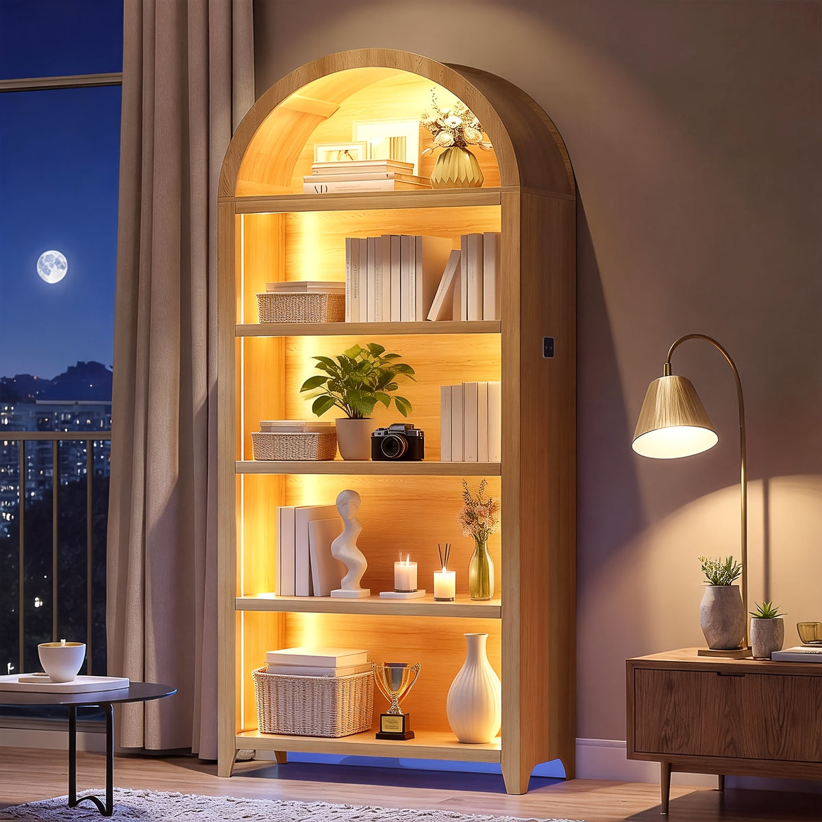 68.9" Arched Display Bookshelf Cabinet - 5-Tier Open Storage Shelf, Freestanding Tall Bookcase for Living Room, Dining Room Or Office (Multiple Finishes)