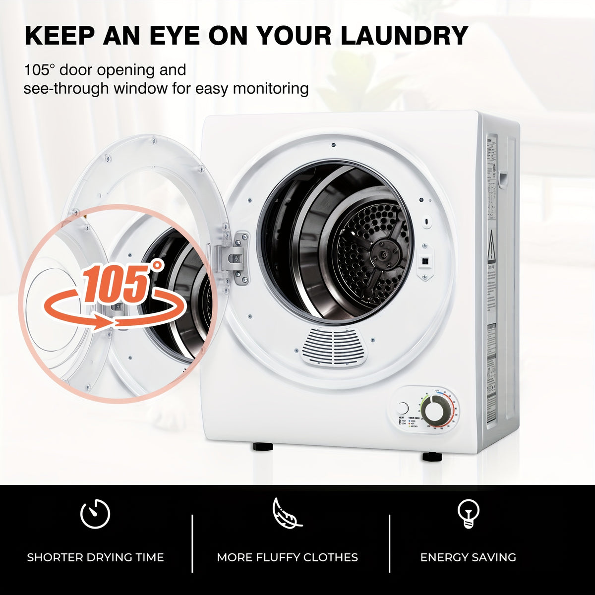 [Portable Dryer For Apartments] Compact Dryer 1.5/1.8/2.65 Cu. Ft. Portable Clothes Dryers With Exhaust Duct With Stainless Steel Liner Four Function Small Dryer Machine, Suitable For Apartments, Dorm, RVs, White