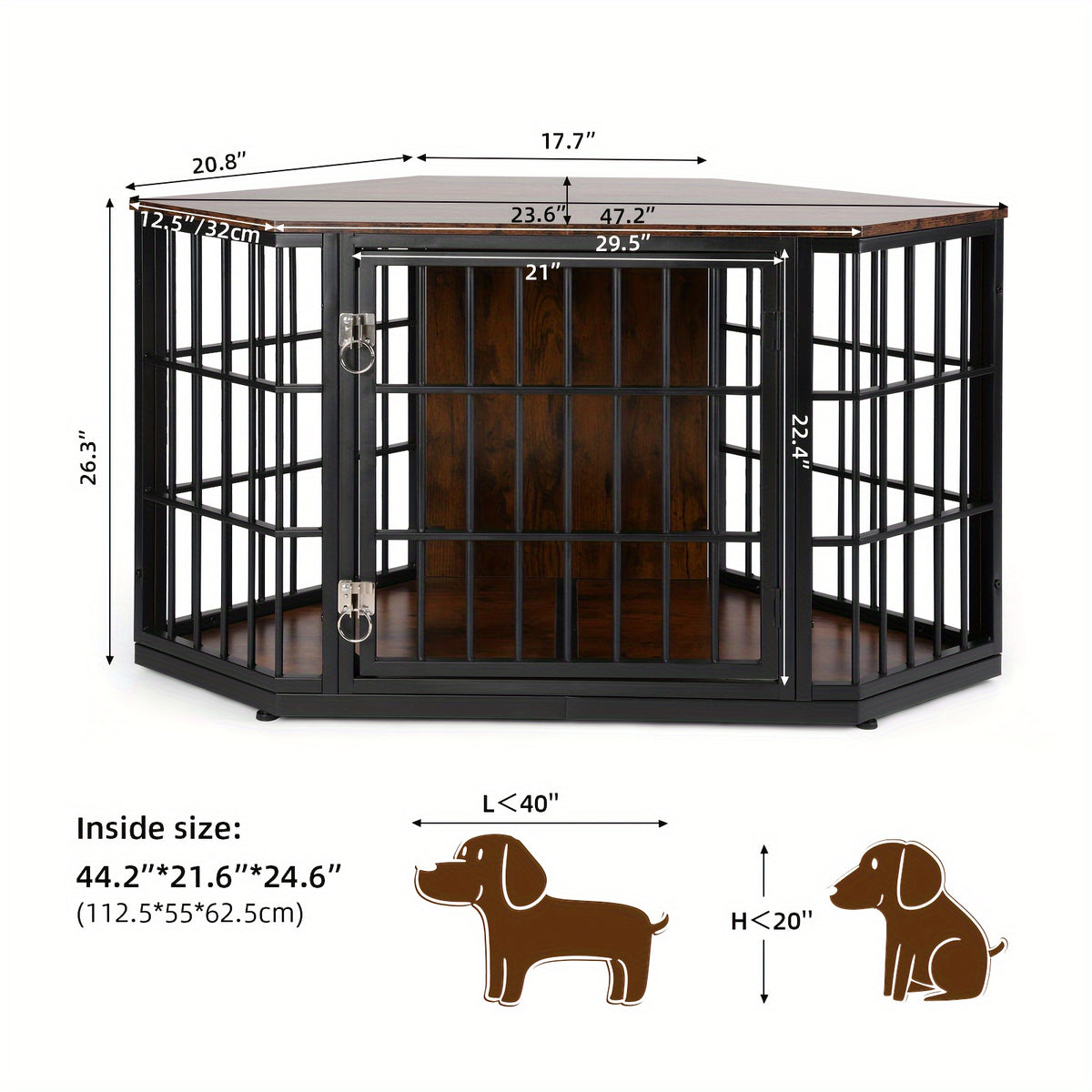 47"/52" Heavy Duty Corner Dog Crate Furniture - Rustic Brown Wooden Dog Cage with Double Sturdy Locks, Space-Saving Indoor Kennel & Side Table for Medium Dogs, Multi-Functional Pet House with Cushioned Floor & Decorative Top
