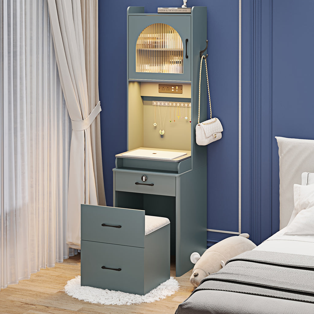 Dystler Small Vanity Desk with Mirror And Lights, Makeup Vanity Table with Drawers for Small Space, Compact Mini Corner Vanity Set Dressing Table - Charging Station & Human Motion Sensing for Bedroom9 (Grey)