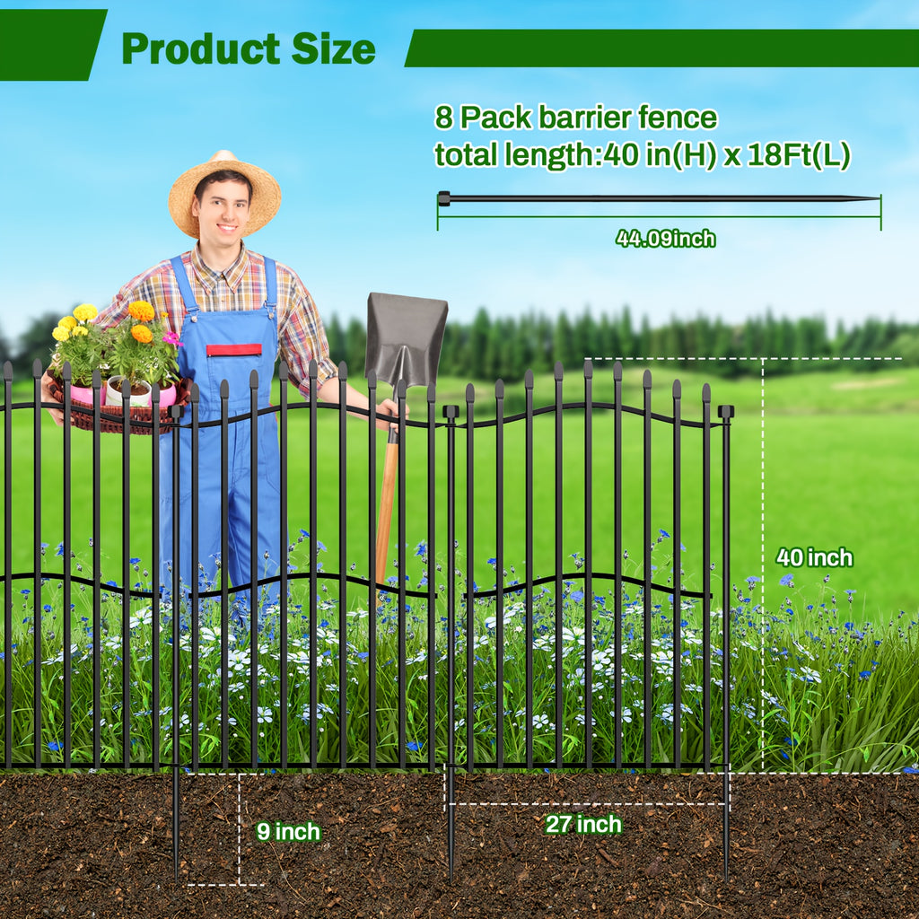 [3D] 8/10 Panels No Dig Decorative Garden Fence with Gate - 32/40in H, Tall Heavy-Duty Square Tube Animal Barrier, Rustproof Dog Fence for Outdoor Yard & Patio Protection