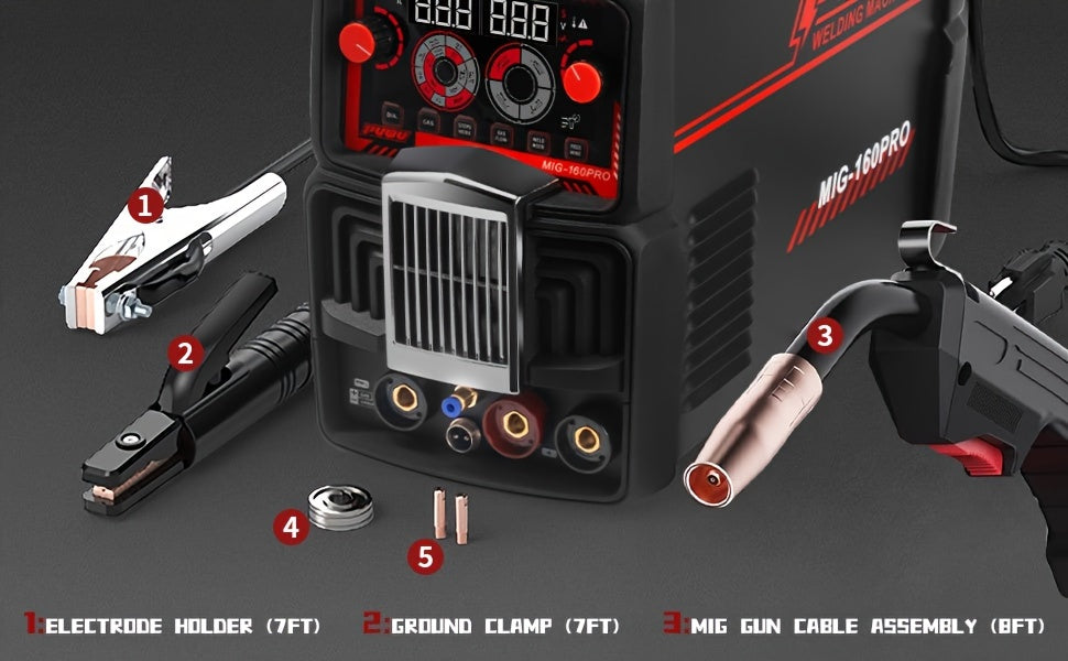 PUWU Gas Gasless 160A Multiprocess MIG Welder, Flux Cored/MIG/Lift TIG/Stick ARC Welder 4in 1 Welding Machine with IGBT Inverter LED Digital Display, Thermal Protection