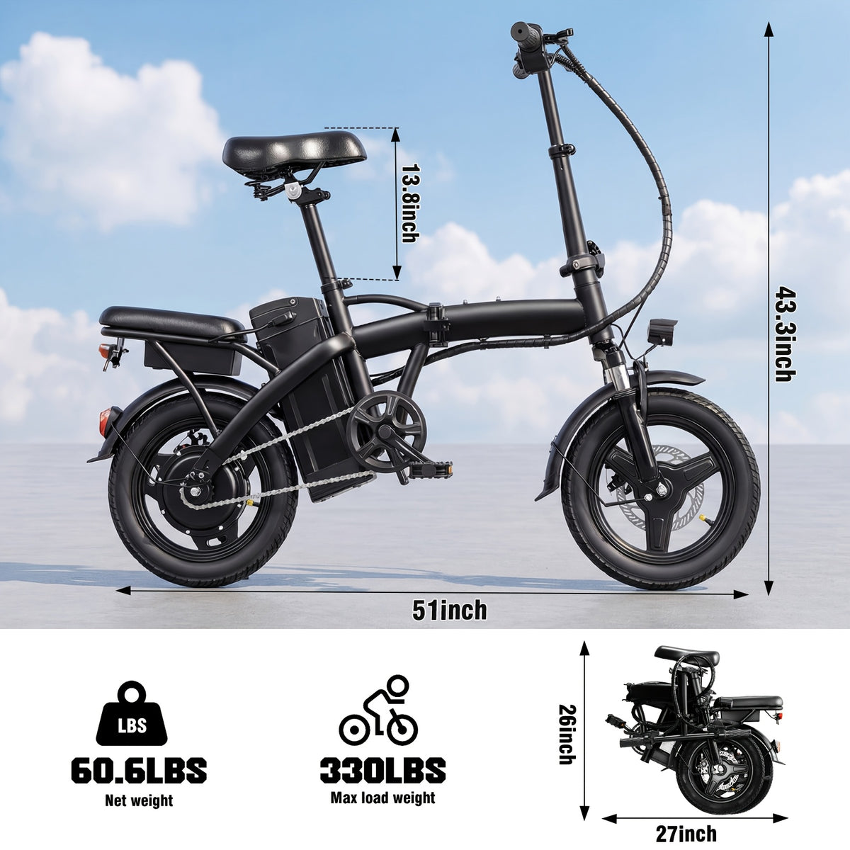 High Performance Adult Electric Bicycle, Portable Design Foldable Electric Bicycle, 500W Motor And 48V 10Ah Battery, 16-24 Mph Speed, Dual Disc Brakes, 14 Inch Electric Bicycle with Pedals, Suitable Gift for Teenagers