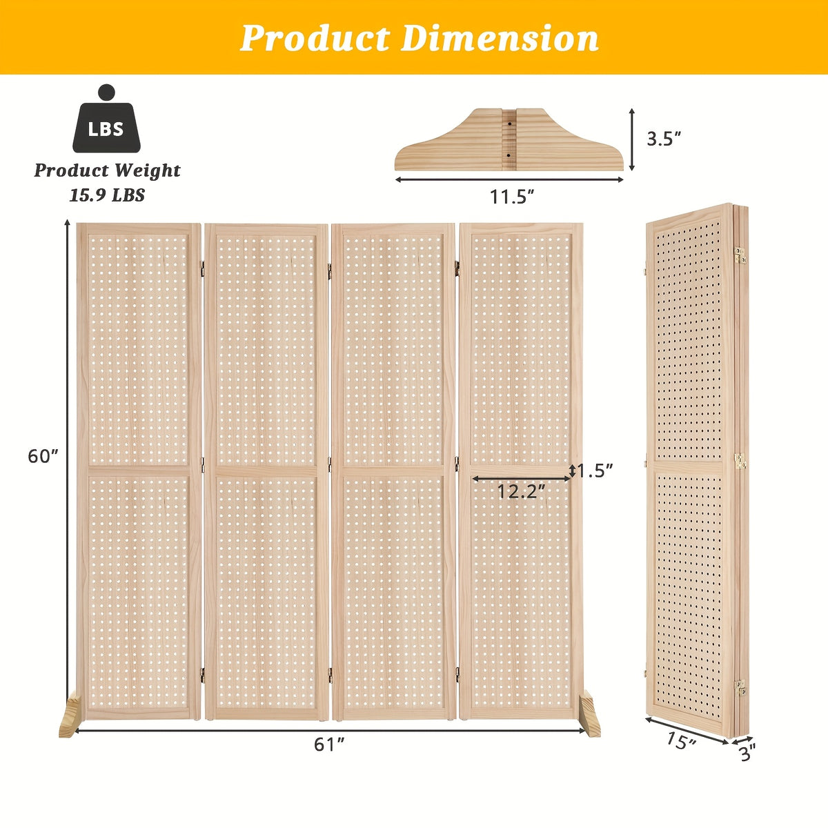 Heavy-Duty Freestaggng Pegboard Room Divider - Folding Privacy Screen Partition with Sturdy Feet, Natural Wood Finish - for Home, Office, Retail Displays, Events - Space-Saving Organizer & Decorative Partition Panel, Event Partition, Versatile Display Boa