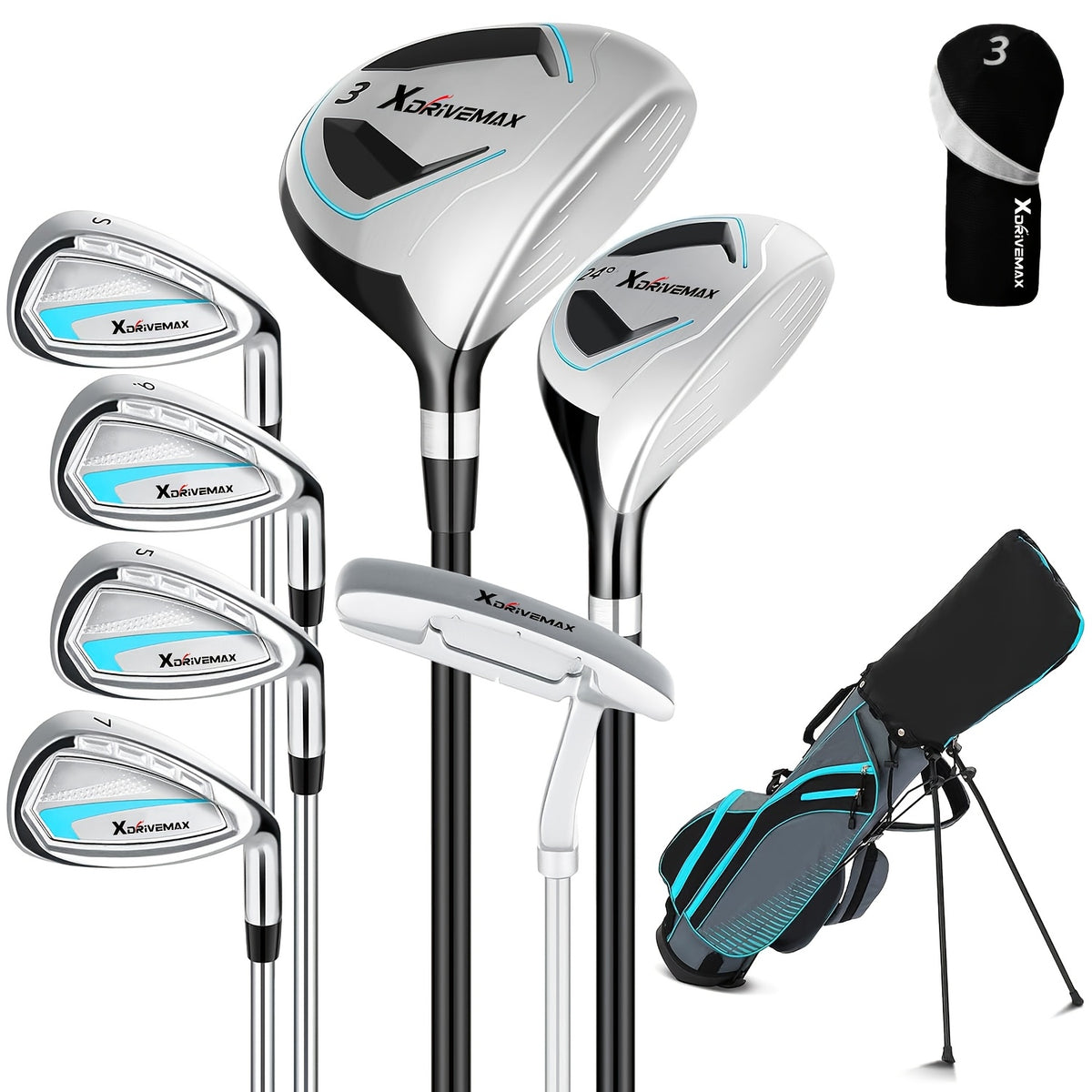 XDriveMax 8pcs Complete Golf Club Set for Men/Women Includes Stand Bag with Rain Hood, Fairway Wood Head Covers, Hybrid, Irons And Putter