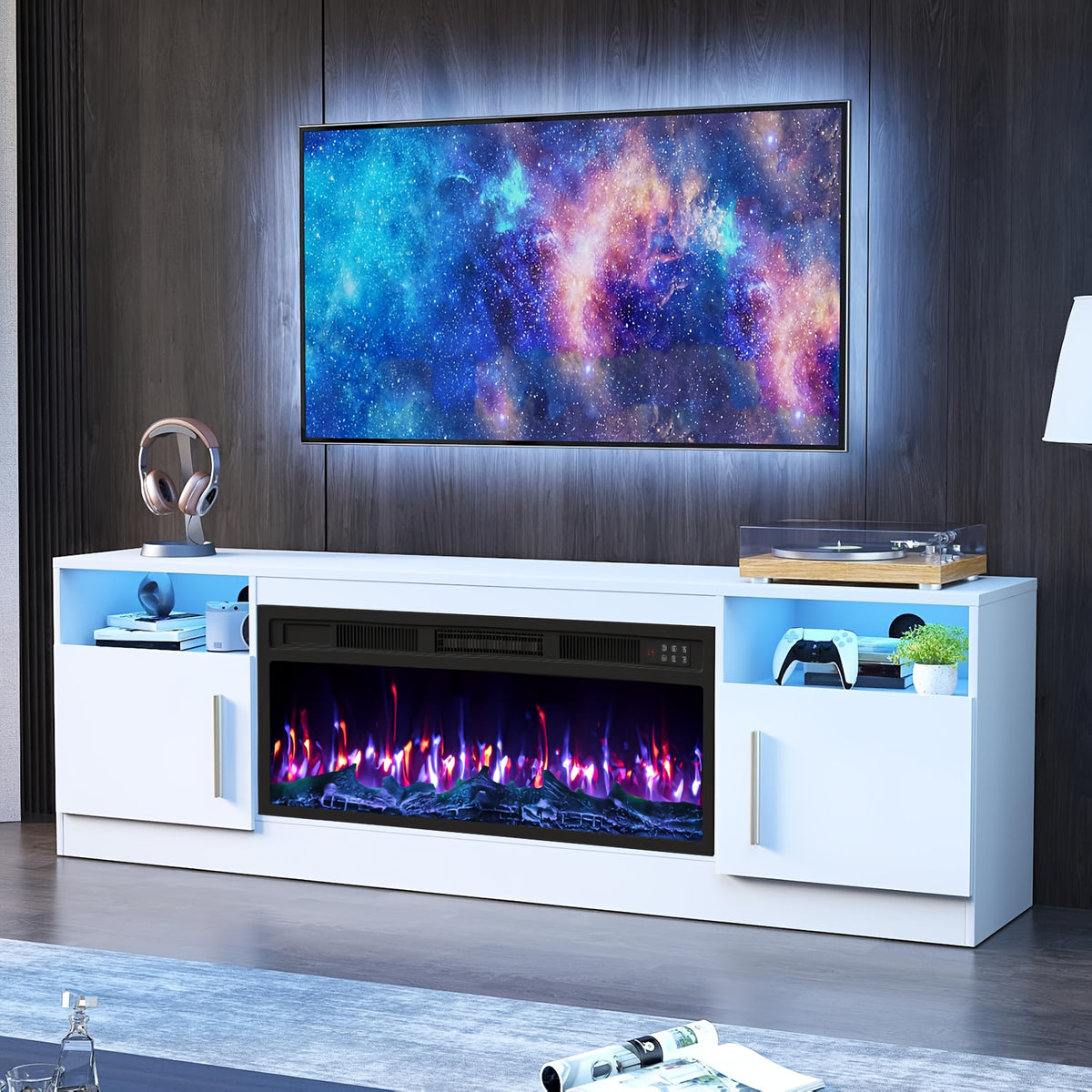 Fireplace TV Stand with 36" Fireplace Up to 80" TVs, 70" Modern Wood High Gloss with Highlight Storage Cabinet, LED Light Entertainment Center with Storage Cabinets for Living Room