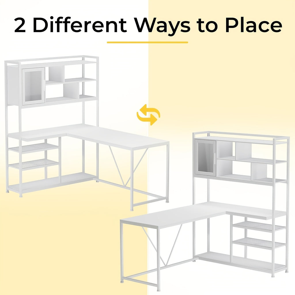L-Shaped Computer Desk, Reversible 58-Inch Corner Workstation with 7-Tier Shelves and RGB LED Lighting