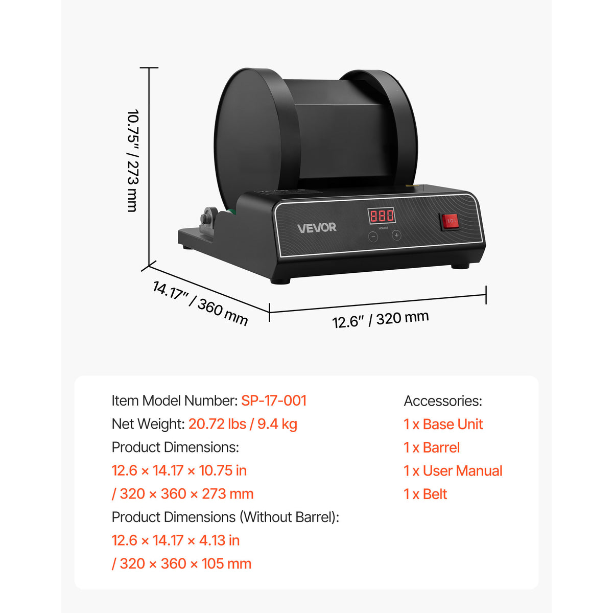 VEVOR Rock Tumbler Kit, 17 lbs Rock Polishing Kit, 2-Speed Stone Polishing Kit with 240-Hour Polishing Timer, Rock Polisher with Belt-Driven Brushless Motor, Rock Polisher for Adults