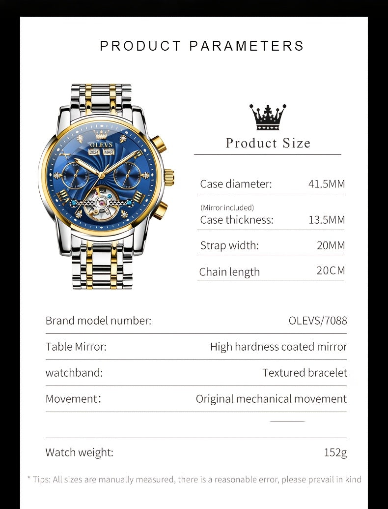 OLEVS Men's Mechanical Watch — Automatic Stainless Steel Wristwatch with Luminous Dual-Calendar Large Dial