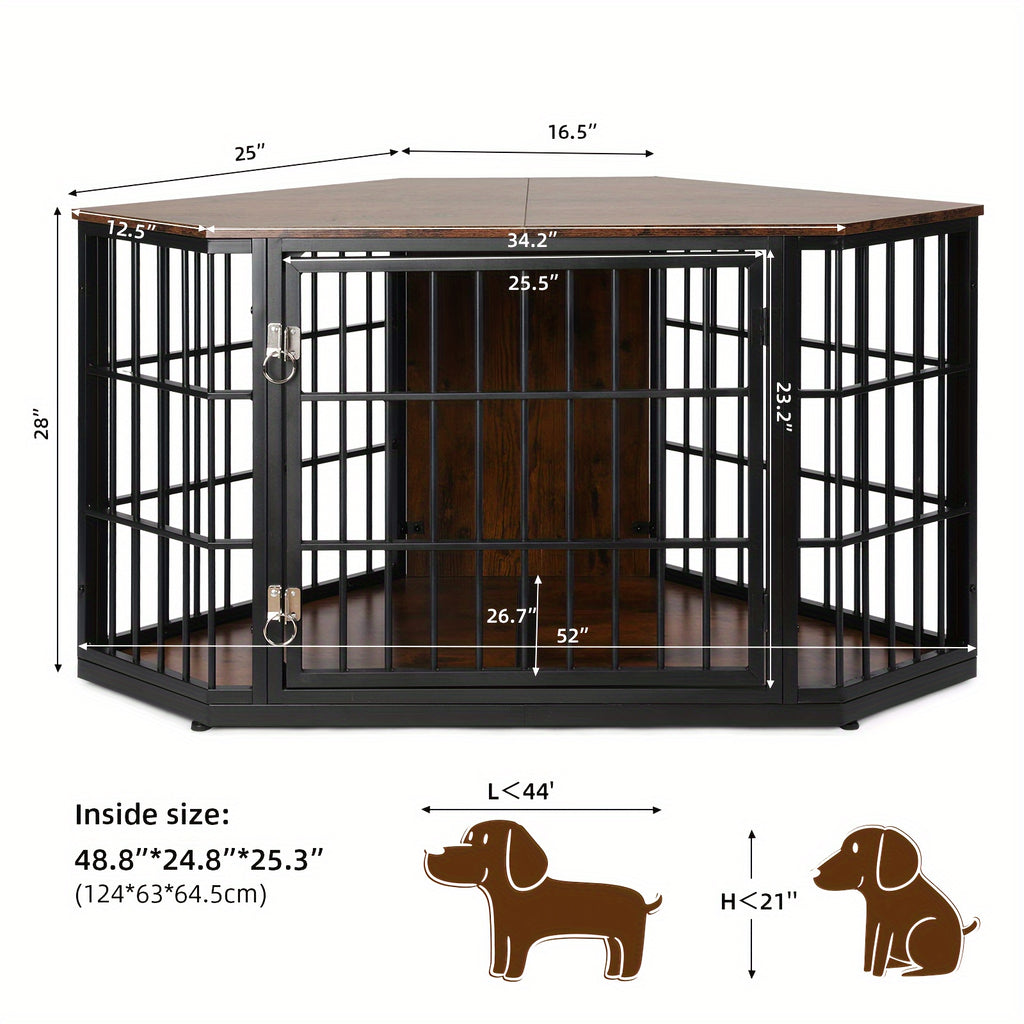 47"/52" Heavy Duty Corner Dog Crate Furniture - Rustic Brown Wooden Dog Cage with Double Sturdy Locks, Space-Saving Indoor Kennel & Side Table for Medium Dogs, Multi-Functional Pet House with Cushioned Floor & Decorative Top