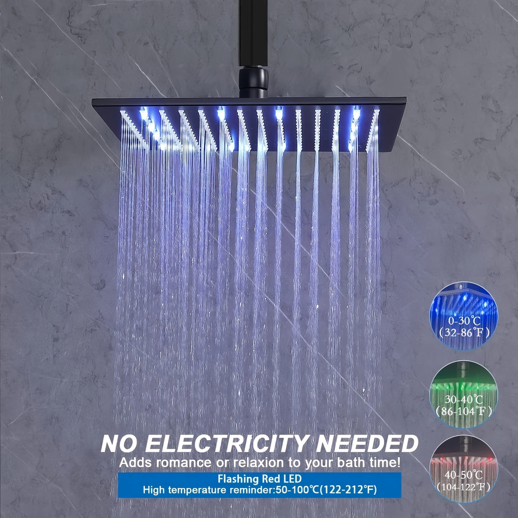 Modern Matte Black Thermostatic Shower System with LED Rainfall Head & Temperature Control - Wall-Mounted Stainless Square Faucet Combo, Massage Function for Bathing (Faucet and Shower Head) - Luxury Bath Suite
