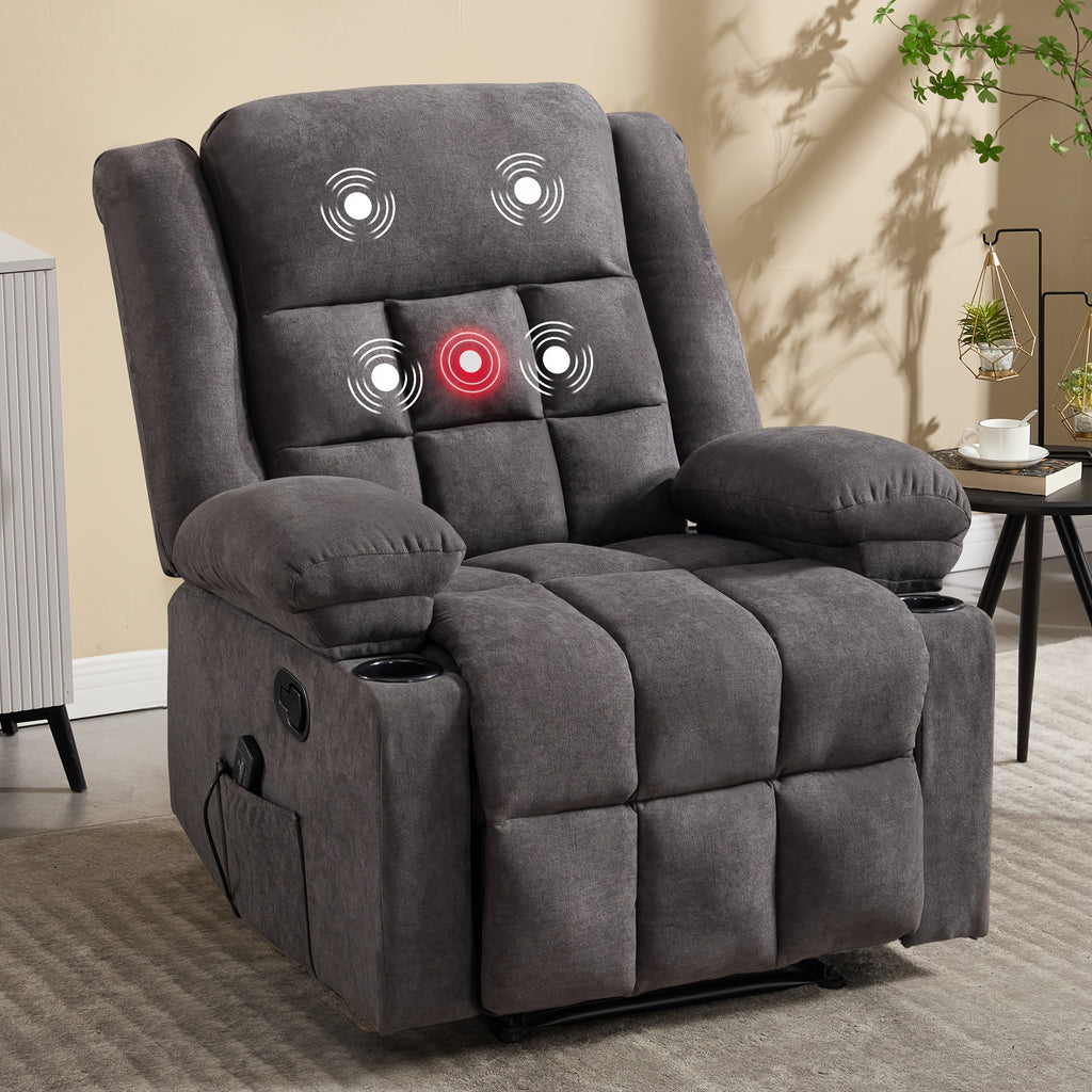 Manual Recliner Chair with Massage And Heat Ergonomic Overstuffed Breathable Fabric Reclining Chair with 2 Side Pockets, 2 Cup Holders, Remote Control, for Game & Recreation Room Furniture