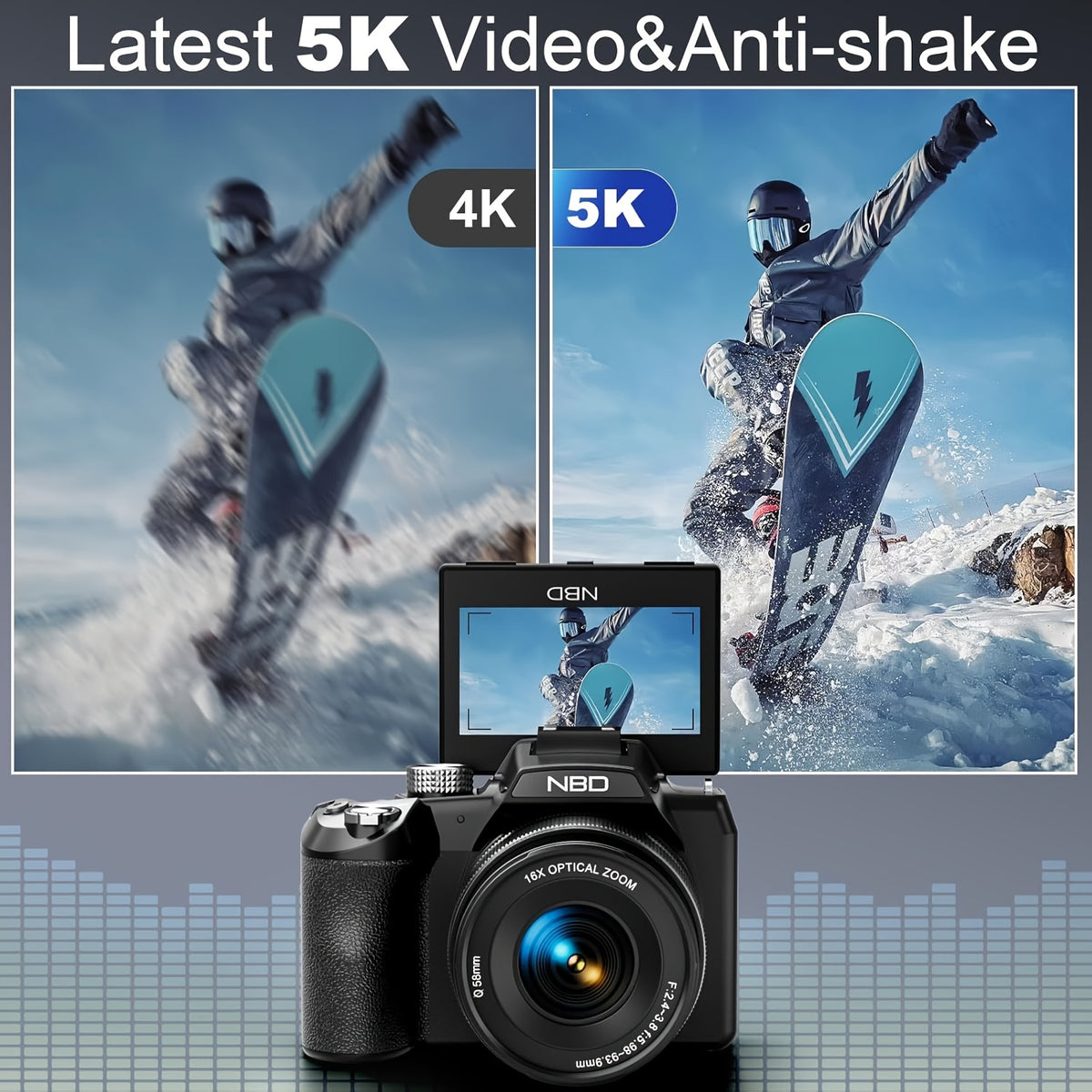 NBD 5K And 64MP Digital Cameras for Photography, 16X Optical Zoom Camera with Wifi And App Control, Vlogging Camera with 180° Flipable 3-Inch Screen, Auto Focus, Bag, 2 Batteries, Camera Strap And 32GB Card