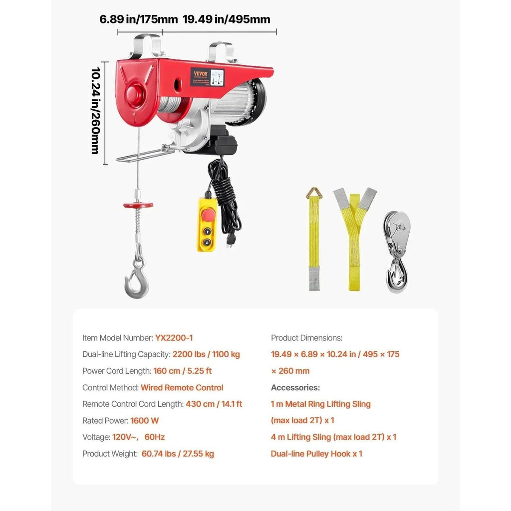 VEVOR 2200lbs Electric Hoist w/14ft Wired Remote Control, 120v Electric Hoist with 40ft Single Cable Lifting Height, for Garage Warehouse Factory Control for Garage, Shop, Hotel, Home