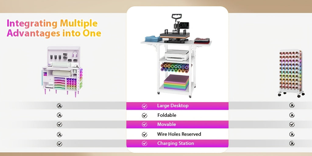 VISOUD 3-Tier Foldable Heat Press Machine Table, Portable Metal Stand with Vinyl Reel Holder, Heavy-Duty for DIY Sublimation Printer, White - Crafts, Crafts & Sewing Supplies, Heat Press Machine Accessories