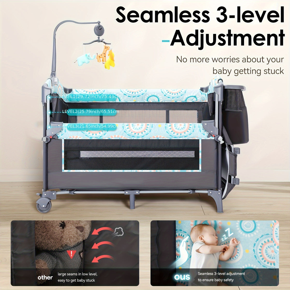 The 5-in-1 Portable Baby Bassinet With Side Bed Features A Detachable Changing Table, Mattress, Storage Shelf, Music Player, And Three Height Settings, Providing A Spacious Playpen For Baby. A Great Birthday Gift.Approx. 29.1 Lbs (max Rec. 19 Lbs)